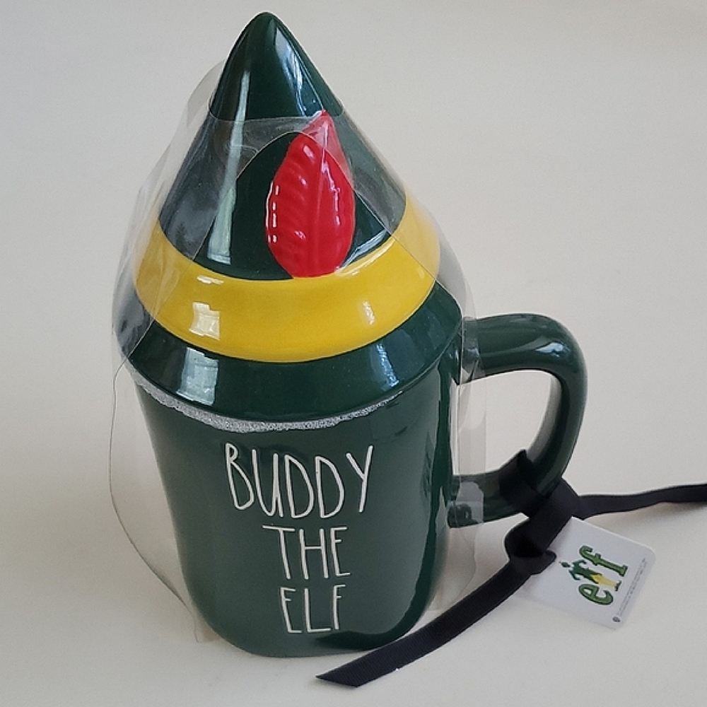 Elf Buddy The Elf Mug w/ a Pointy Green & Yellow Striped Hat Red Feather Mug Lid